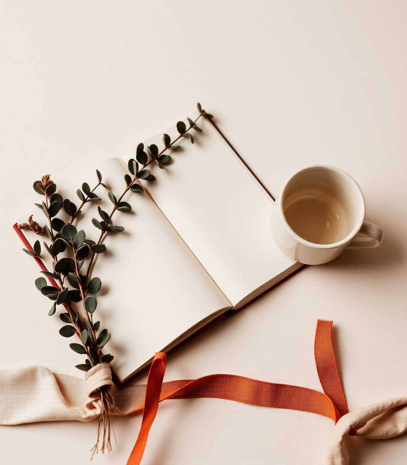 An open journal with dried eucalyptus and a warm mug