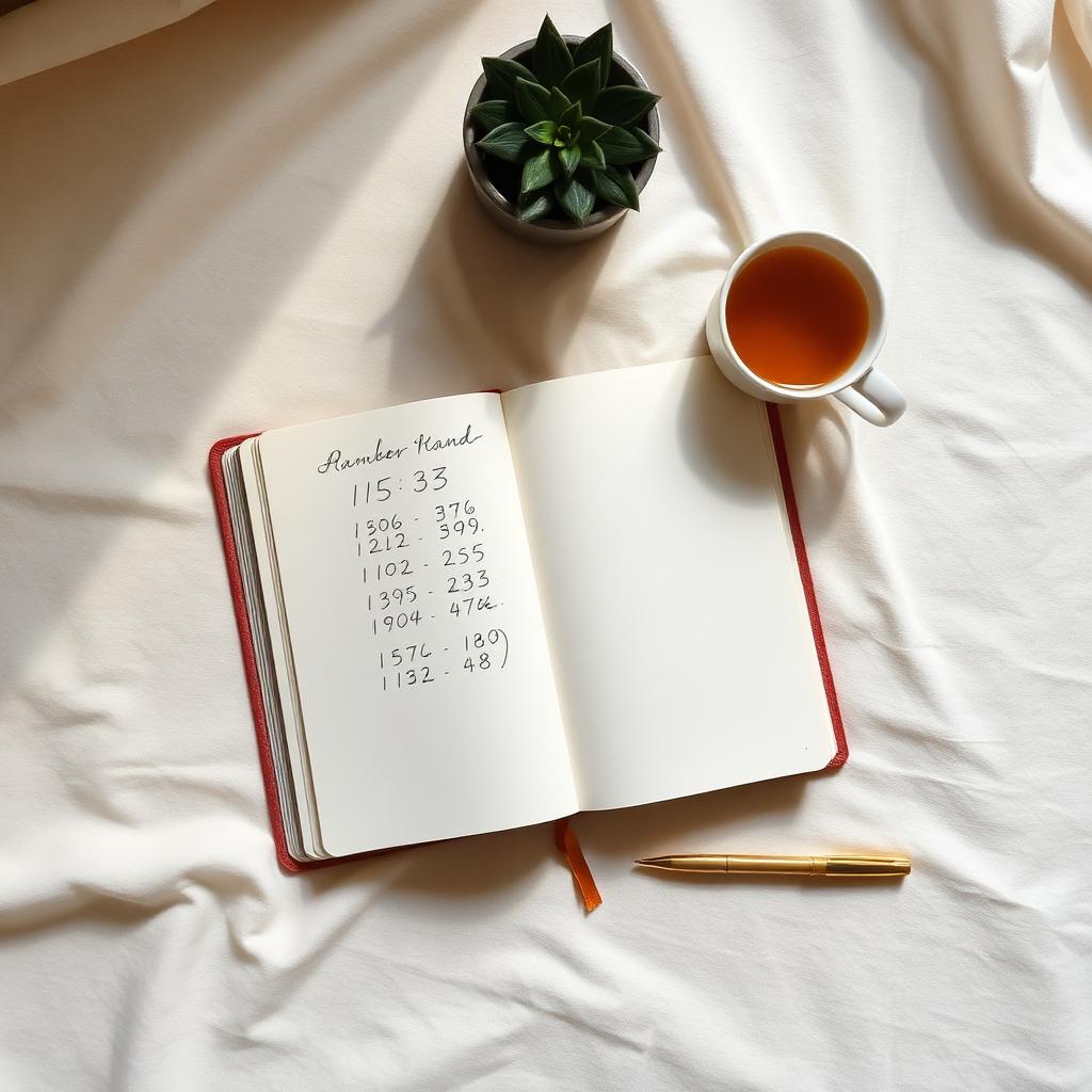 An open notebook with handwritten budget numbers beside a warm mug of tea