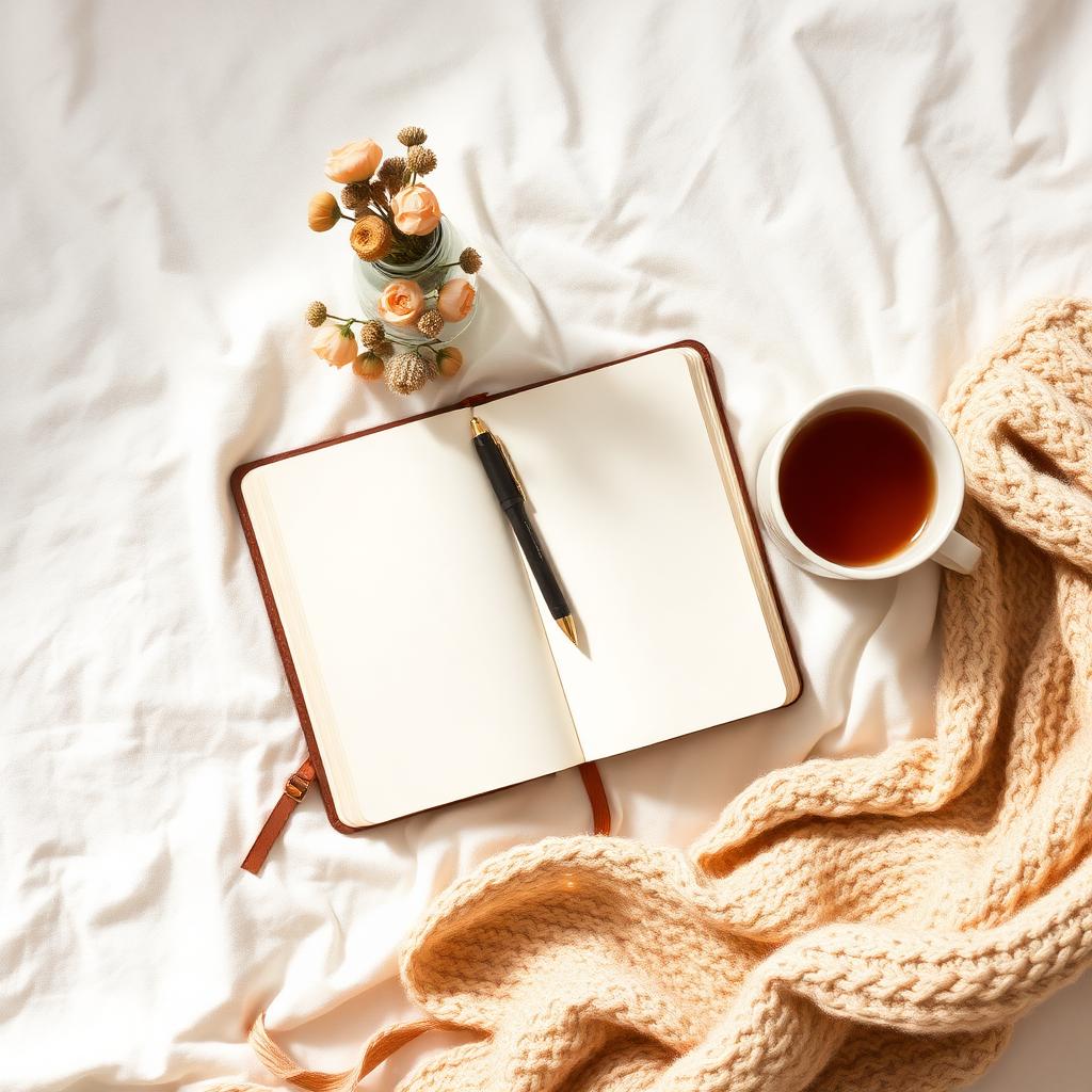 A soft still life with an open journal, dried florals, and a warm mug